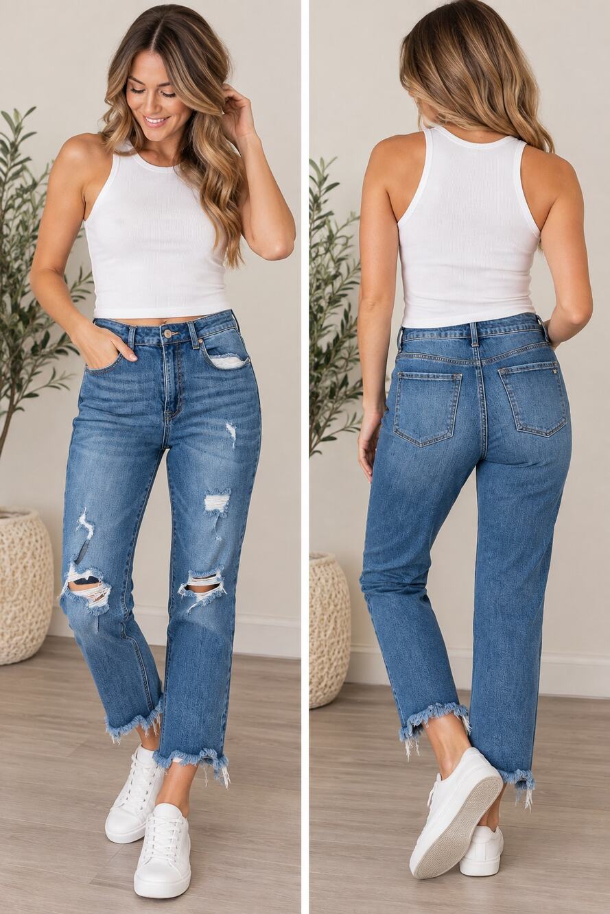 Tricot Distressed Jeans Size 11/30 Cropped Frayed Hem Straight Leg